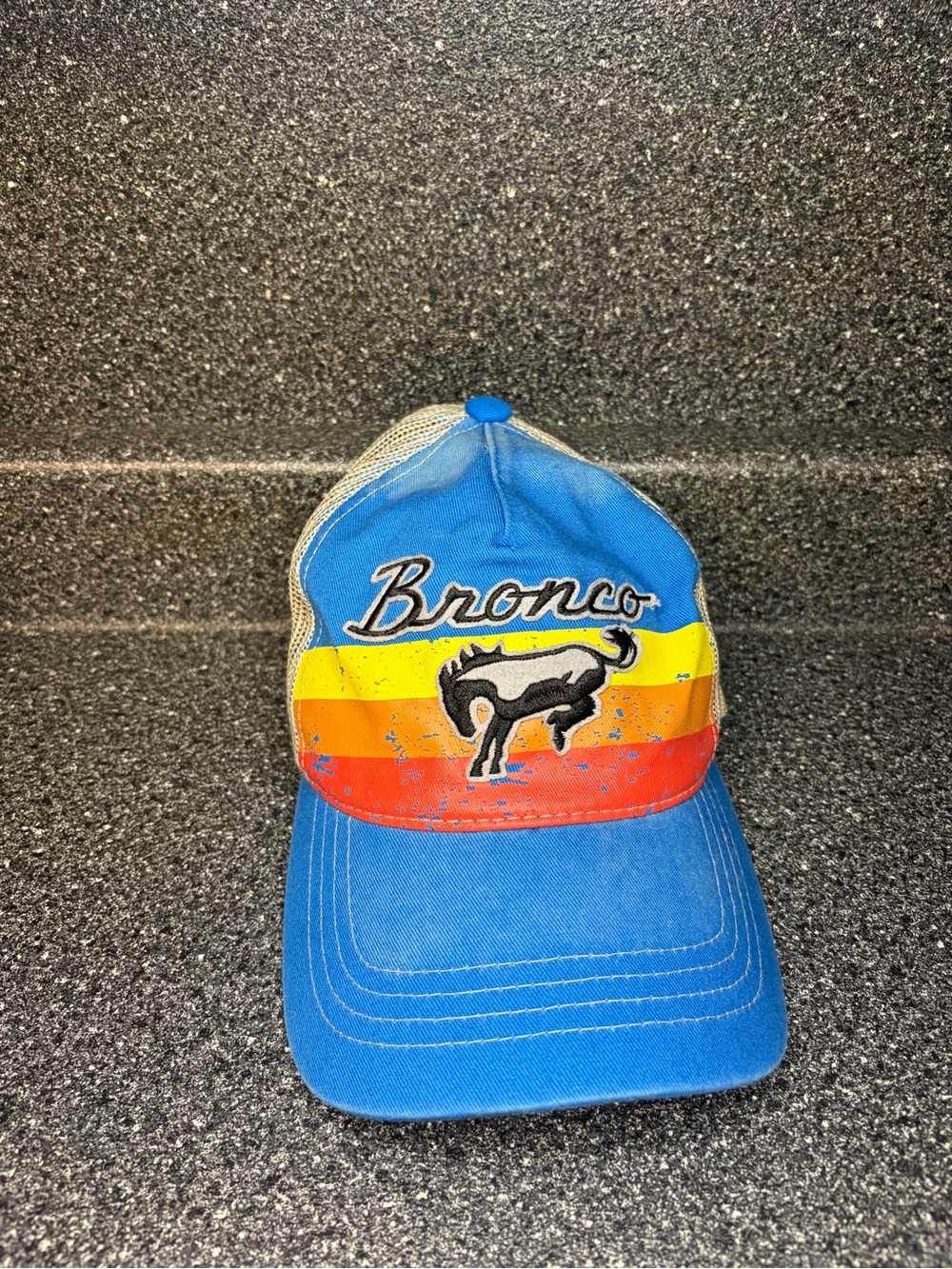 Ford Blue Trucker Hat with Yellow-Orange-Red Stripe